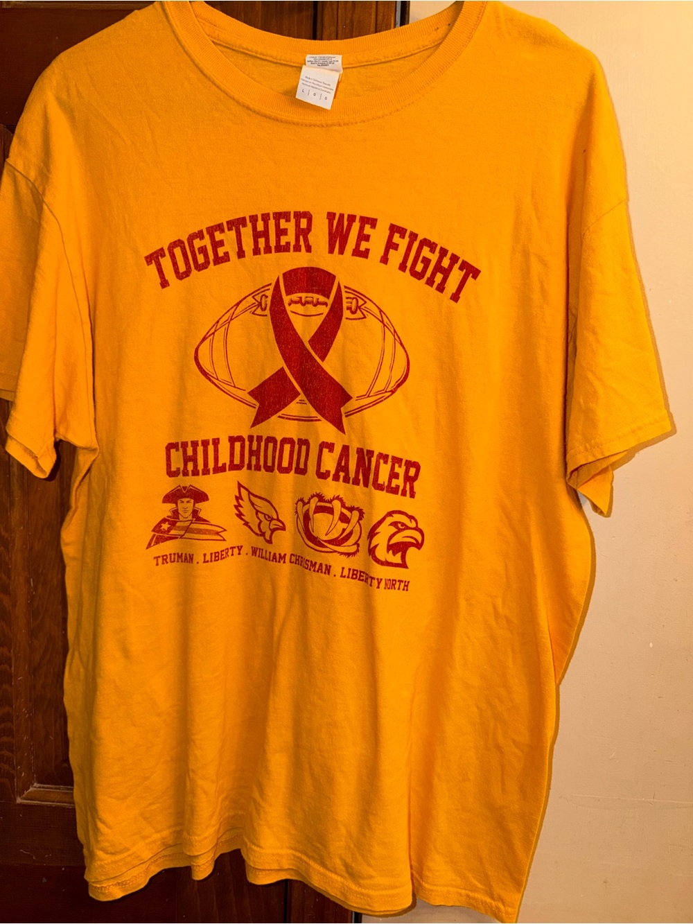 Gildan Yellow Short Sleeve Tee with Red Childhood Cancer Awareness Graphic